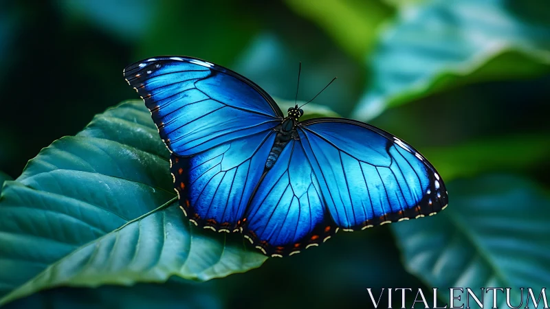 Blue morpho butterfly rests on tropical leaf, vivid contrast.