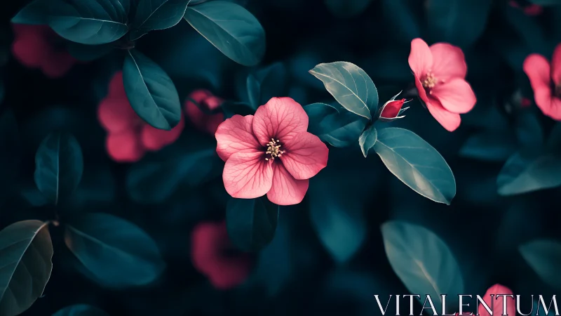 Pink Camellia Flowers with Teal Foliage in Moody Botanical Study.