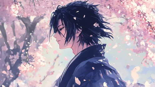 Melancholic anime boy under soft pink cherry blossoms.