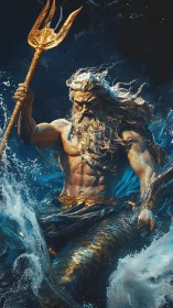 Mythic sea god with trident amid crashing ocean waves.