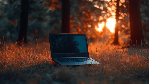 Cozy laptop in glowing forest light inviting quiet focus.