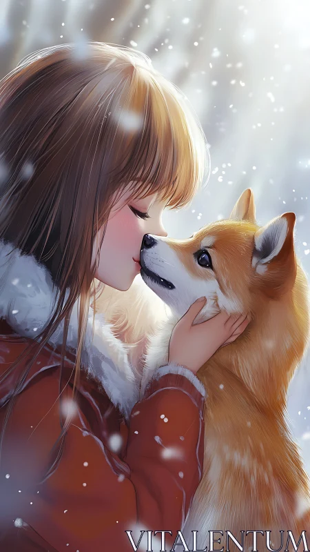 Winter kiss shared between girl and dog in falling snow.