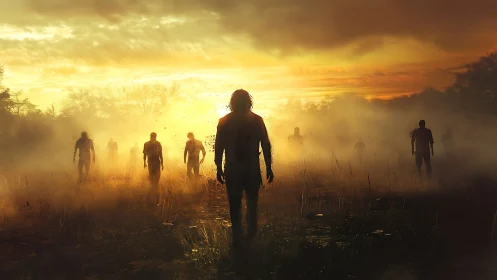 Burnt-sunset wanderers drift through a fog of quiet dread