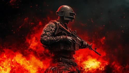 Armored soldier with rifle standing against fiery explosion.