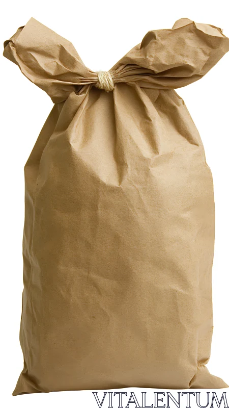 Brown paper sack stands upright with twisted rope closure