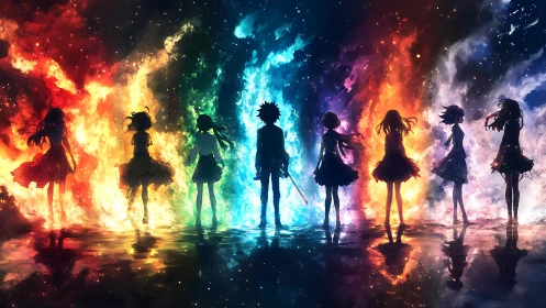 Silhouetted anime heroes stand before cascading cosmic flames