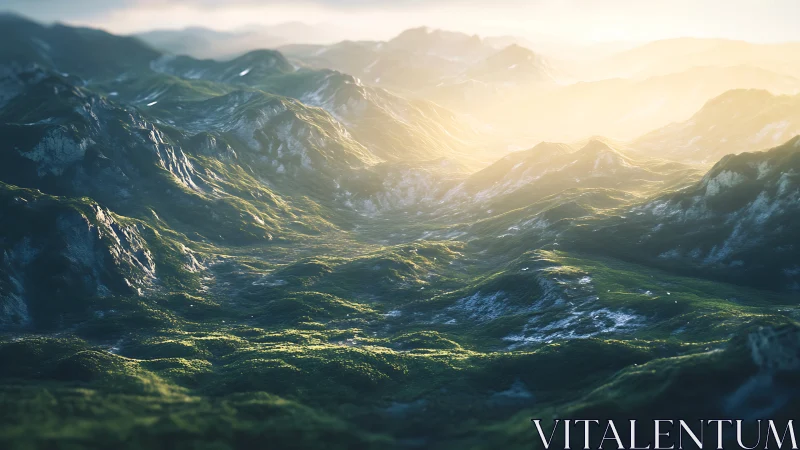 Sunlit mountain valley with distant ridges in hazy light.