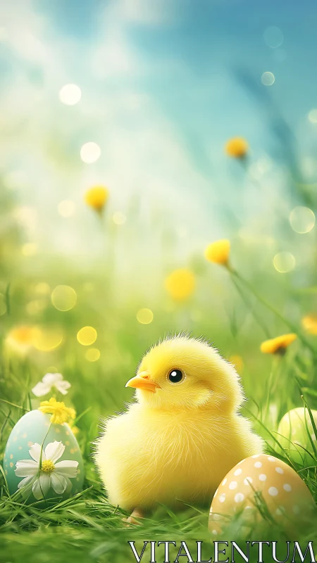 Digital painting of Easter chick with eggs in bokeh meadow.