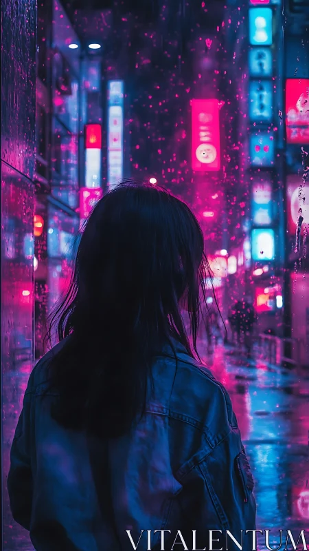 Girl watches neon street glow through rainy glass wall.