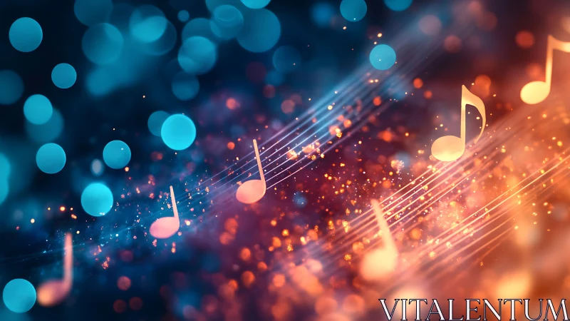 Bokeh-lit musical notes over glowing blue and orange waves