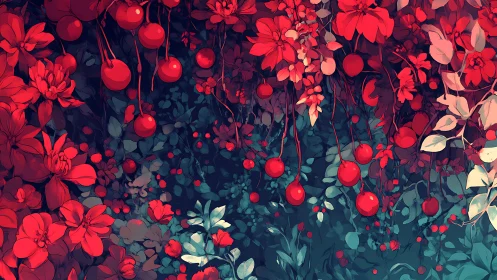 Red hanging berries and dense foliage in stylized garden.