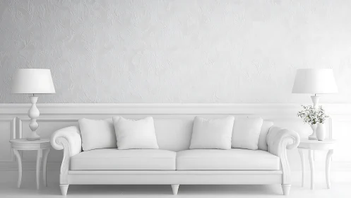 Minimalist white living room sofa with classic side tables.