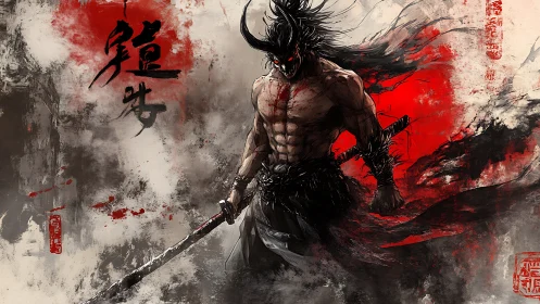 Demonic samurai warrior in red and black battle haze.
