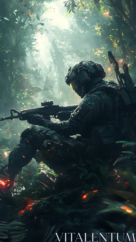 Armored scout poised in luminous jungle embers at dusk.