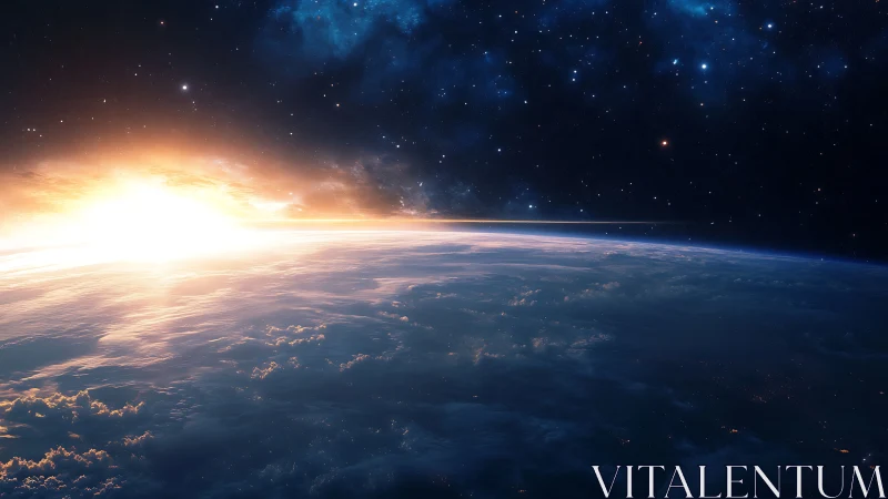 Low Earth orbit sunrise over illuminated cloud layers.