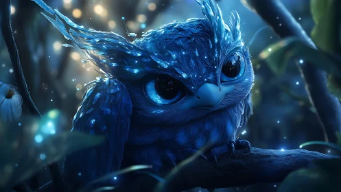 Moonlit sprite owl studies starlight from a glowing branch