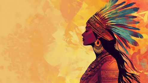 Profile portrait of regal woman in feathered headdress.