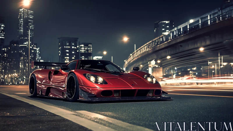 Midnight red supercar poised under luminous city overpass.