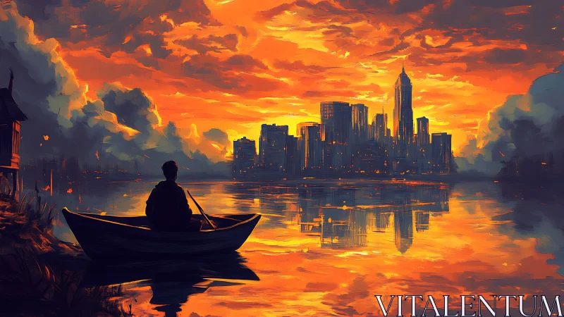 Solitary boat faces illuminated city skyline at sunset
