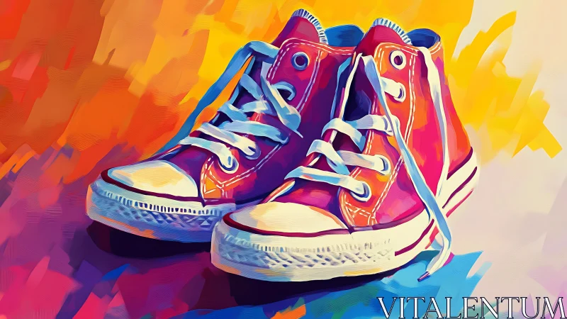 Chromatic canvas sneakers rendered in vivid digital brushwork.