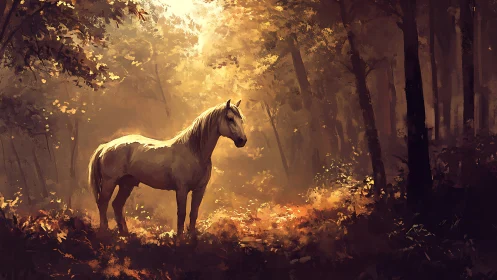 Golden morning light welcomes a calm horse in quiet woods