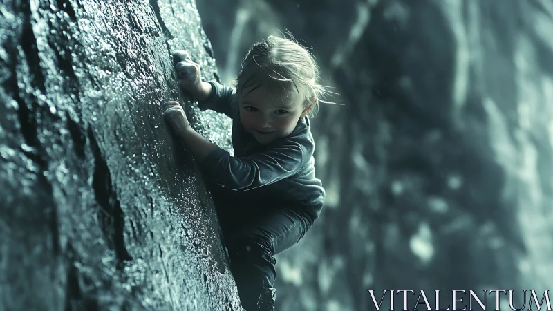 Young climber scaling wet cliff in cinematic teal light.