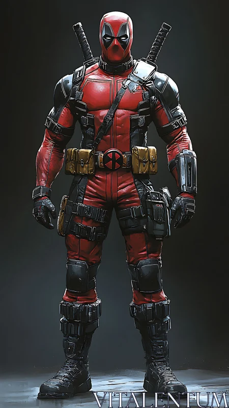Red and black armored superhero stands fully equipped