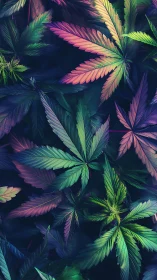 Multicolor cannabis leaf canopy under neon gradient lighting