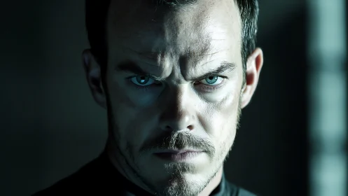 Piercing turquoise gaze slices through the shadowed silence