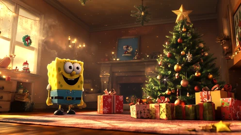 SpongeBob-style CG character in luminous Christmas interior.