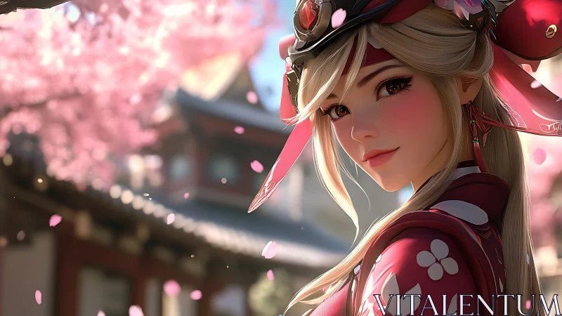 Female anime archer in pink kimono under cherry blossoms.