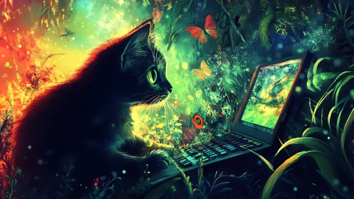 Neon-eyed cat studies glowing laptop in enchanted jungle