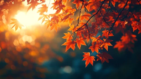 Backlit maple foliage in warm autumn bokeh composition.