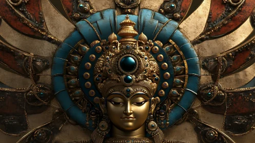 Ornate golden deity head with turquoise jeweled halo