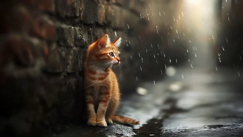 Orange tabby kitten positioned against weathered concrete wall in precipitation