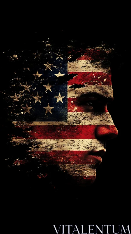 Weathered American flag dissolving into human profile silhouette.