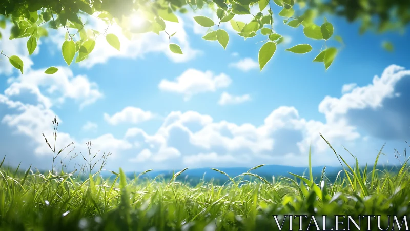 Low-angle meadow perspective under luminous summer sky