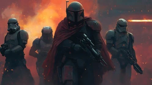 Armored soldiers advance through firelit smoke field.