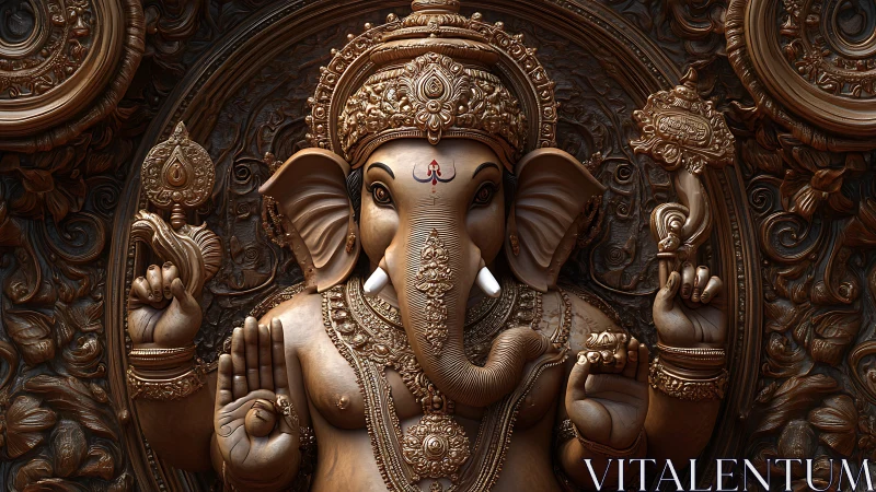 Intricate bronze Ganesh relief with ornate sacred details.