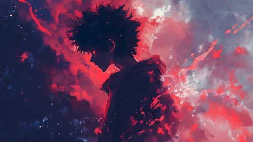 Silhouetted anime boy dissolves into a red cosmic storm.