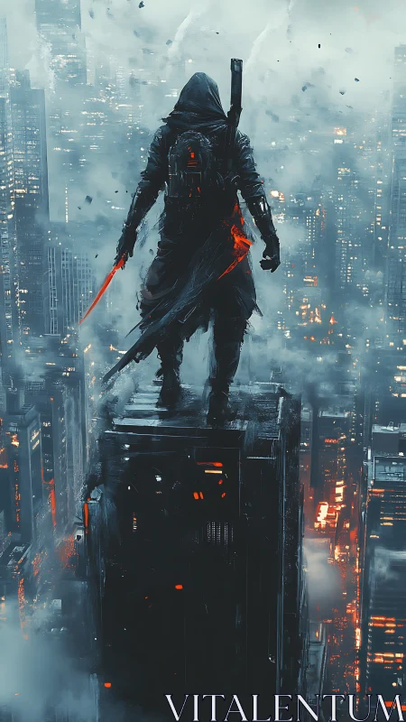 Hooded sword figure on rooftop above dense neon cityscape.