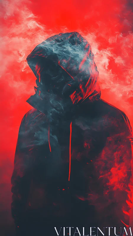 Hooded silhouette in red vapor with dramatic rim lighting.