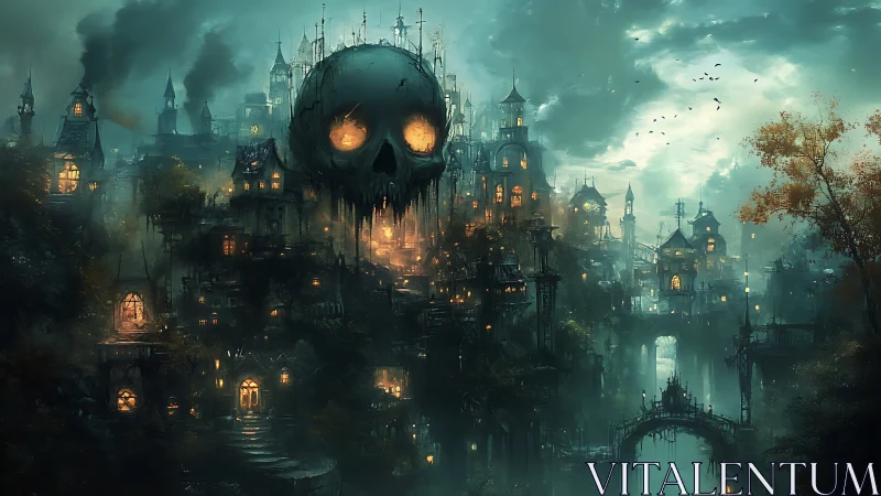 Dark fantasy city under looming skull-shaped cloudscape.