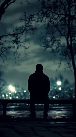 Silhouette man sits on bench in wet park at night