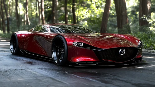 Sleek red Mazda concept car glides through a shaded forest road