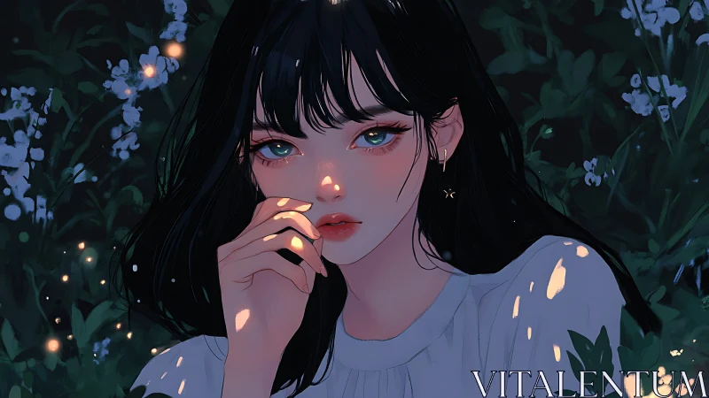 Young woman portrait in dusk garden with soft lighting.