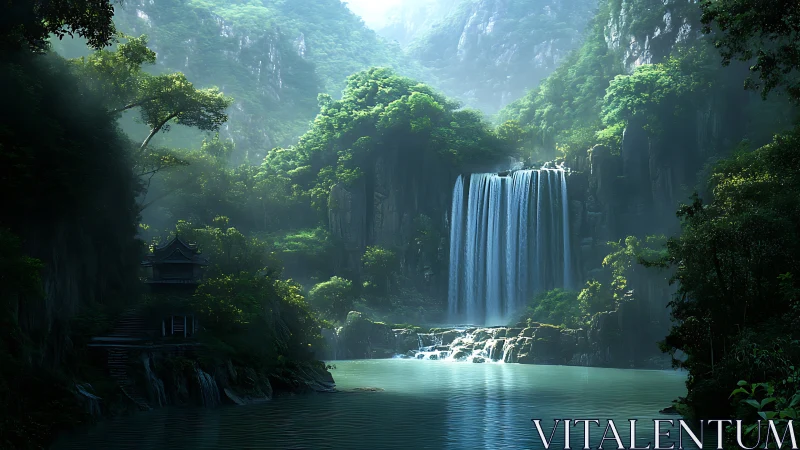 Hydrologic cascade in misted gorge with secluded temple lookout.