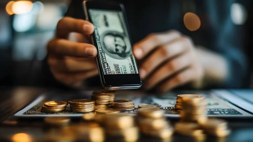 Smartphone scanning cash beside golden coins on desk.