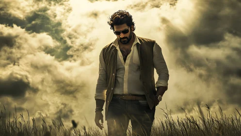 Solitary man strides through stormy field under golden sky
