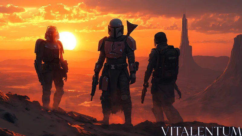 Armored sci fi warriors stand over desert at sunset.